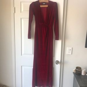 Red long sleeve velvet Reformation dress.